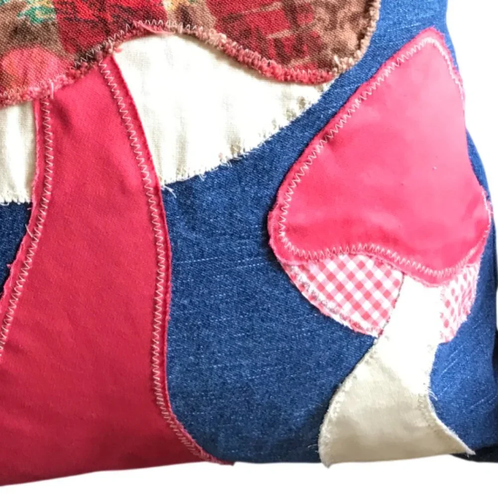 Mushroom Pillow Cover, Handmade 18 x 18 Whimsical Cottagecore Recycled Denim